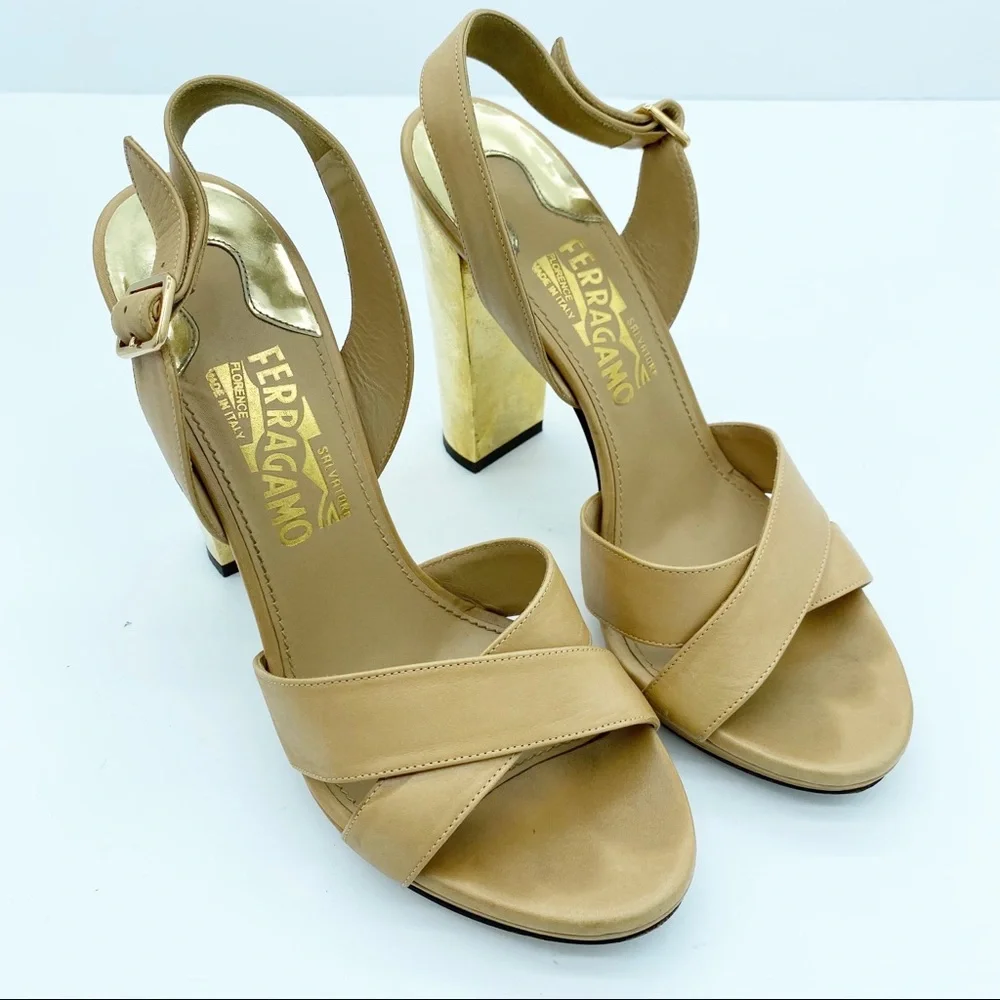 Salvatore Ferragamo Gold Block Heel Leather Sandals - Picture 1 of 11